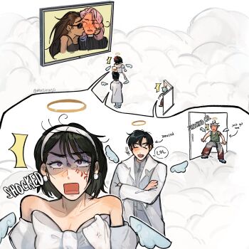 2boys 3girls absurdres alien_stage anger_vein black_hair bow brown_hair chest_bow clenched_hand closed_eyes cloud coat commentary crossed_arms door dress earrings english_commentary english_text green_tank_top grey_hair grey_pants hairband halo highres hyuna_(alien_stage) ivan_(alien_stage) jewelry kiss kissing_cheek laughing maie_(masayaso) mini_wings mizi_(alien_stage) multiple_boys multiple_girls off-shoulder_dress off_shoulder open_mouth pants pearl_earrings pink_hair purple_eyes red_pants screen shirt short_hair signature sphere_earrings sua_(alien_stage) surprised tank_top till_(alien_stage) traditional_halo two-tone_pants white_bow white_coat white_dress white_hairband white_shirt white_wings wings yuri