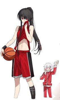 Rule 34 | 2girls, absurdres, alternate costume, arm up, artist request, ball, basketball (object), basketball uniform, black hair, chinese commentary, clothes lift, commentary request, commission, cropped legs, hand up, highres, holding, holding ball, jacket, long hair, long sleeves, mahou shoujo no majo saiban, multiple girls, navel, nikaido hiro, open mouth, pants, ponytail, red eyes, red jacket, red pants, red shirt, red shorts, red track suit, sakuraba ema, second-party source, shirt, shirt lift, shorts, sleeveless, sleeveless shirt, smile, sportswear, standing, sweat, track suit, white background, wiping face, wristband