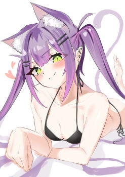 1girl absurdres animal_ear_fluff animal_ears barefoot bikini blush breasts cat_ears cat_girl cat_tail cleavage closed_mouth ear_piercing fang hair_ornament hairpin heart highres hololive long_hair looking_at_viewer multicolored_hair piercing pink_hair pointy_ears purple_hair side-tie_bikini_bottom skin_fang small_breasts smile solo streaked_hair swimsuit tail tokoyami_towa twintails uw_chanmaru very_long_hair virtual_youtuber white_background