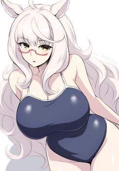 1girl ahoge animal_ears biwa_hayahide_(umamusume) blue_one-piece_swimsuit breasts commentary_request competition_school_swimsuit cowboy_shot glasses highres horse_ears horse_girl large_breasts long_hair looking_at_viewer one-piece_swimsuit pataneet red-framed_eyewear school_swimsuit semi-rimless_eyewear simple_background solo swimsuit umamusume under-rim_eyewear very_long_hair wavy_hair white_background white_hair