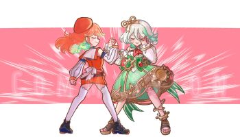 2girls cecilia_immergreen cecilia_immergreen_(1st_costume) doll_joints gradient_hair green_hair grey_hair highres hololive hololive_english joints long_hair multicolored_hair multiple_girls orange_hair roronico1512 streaked_hair takanashi_kiara takanashi_kiara_(1st_costume) virtual_youtuber winding_key