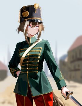 Rule 34 | 1girl, alternate costume, animal ears, blue eyes, breasts, brown hair, cheval grand (umamusume), closed mouth, green jacket, hair between eyes, hat, highres, holding, holding sword, holding weapon, horse girl, horse tail, jacket, long sleeves, looking at viewer, medium hair, multicolored hair, pants, red pants, sash, solo, streaked hair, sword, tail, umamusume, weapon, white hair, white sash, yoojp