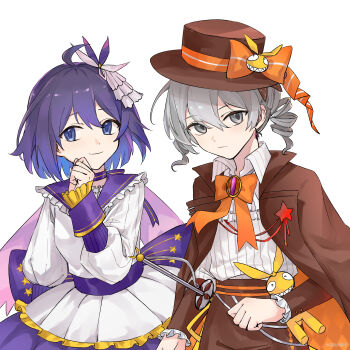 2girls absurdres ahoge alternate_costume benghuai_xueyuan black_cape blue_eyes blue_hair bow bowtie bronya_zaychik cape chinese_commentary commentary_request dress drill_hair du_shi frilled_dress frills grey_eyes grey_hair hair_ornament highres homu_(honkai_impact) honkai_(series) looking_at_viewer multiple_girls orange_bow orange_bowtie seele_vollerei sheath sheathed simple_background sword weapon white_background white_dress