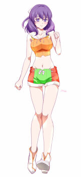 1girl ao_no_kiseki artist_name bare_arms bare_shoulders boots breasts closed_mouth collarbone commentary_request crop_top eiyuu_densetsu full_body green_shorts light_smile looking_at_viewer medium_breasts medium_hair midriff navel orange_shirt purple_eyes purple_hair red_shorts rixia_mao shirt short_shorts shorts simple_background sleeveless sleeveless_shirt solo two-tone_shorts white_background white_boots xiacheng_tatsuya