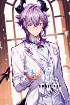 Rule 34 | 1boy, alt text, artist name, blush, closed mouth, commentary, dragon horns, dragon tail, durin (genshin impact), english commentary, falling petals, genshin impact, hair between eyes, hand up, highres, holding, horns, jacket, lapels, looking at viewer, male focus, notched lapels, pants, petals, primogem, purple hair, red eyes, shirt, short hair with long locks, smile, solo, suit jacket, tail, white jacket, white pants, white shirt, yuki0 art