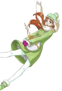 00s 1girl bleach breasts brown_eyes coat dress female_focus gift gloves happy hat holding holding_gift inoue_orihime kubo_tite long_hair official_art open_mouth orange_hair pantyhose scarf shoes simple_background smile white_background white_pantyhose winter_clothes