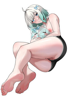 barefoot blue_eyes bow breasts commentary english_commentary feet green_hair hair_bow hug indie_virtual_youtuber mint_fantome mole multicolored_hair nipples pussy short_shorts shorts studio_poon virtual_youtuber white_hair