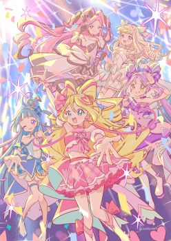 Rule 34 | 5girls, absurdres, ahoge, ankle boots, aokaze nana, arm up, armband, artist name, black bow, black dress, black gloves, black hair, black thighhighs, blonde hair, blue dress, blue hair, blue ribbon, boots, bow, brooch, closed mouth, commentary, cure idol, cure kiss, cure kyunkyun, cure wink, cure zukyuun, detached sleeves, double bun, dress, dress bow, drill hair, earrings, frilled armband, frills, gloves, green hair, grin, hair bun, hair ribbon, hairband, heart, heart brooch, heart hair bun, heart hair strand, high heel boots, high heels, highres, index finger raised, jewelry, kimi to idol precure, lilylily0601, long hair, looking at viewer, meroron (precure), midriff, miniskirt, multicolored hair, multiple girls, one eye closed, open mouth, pink eyes, pink hair, pink ribbon, pink shirt, pink skirt, precure, puffy detached sleeves, puffy sleeves, purirun (precure), purple dress, purple eyes, purple hair, purple ribbon, reaching, reaching towards viewer, ribbon, sakura uta (precure), shigure kokoro, shirt, short dress, skirt, sleeveless, sleeveless dress, sleeveless shirt, smile, sparkle, standing, streaked hair, thighhighs, twitter username, two-tone hair, very long hair, waving, white boots, white bow, white dress, white gloves, white hairband, white thighhighs, yellow eyes