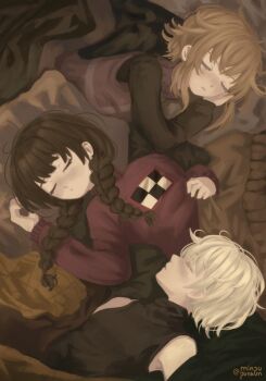 .flow 3girls absurdres black_hair black_shirt black_sweater braid brown_hair closed_eyes closed_mouth crossover flower hair_flaps highres light_blush long_hair long_sleeves low_twin_braids lying madotsuki messy_hair minpupunkun multiple_girls on_back on_bed on_side plaid_clothes plaid_sweater_vest plaid_vest purple_sweater_vest red_sweater sabitsuki shirt short_hair sidelocks sleeping sleeveless sleeveless_shirt sweater sweater_vest turtleneck turtleneck_sweater twin_braids under_covers upper_body urotsuki vest white_hair yume_2kki yume_nikki