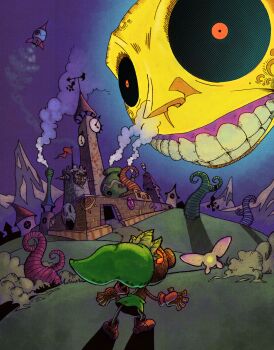 absurdres captionpanic clock clock_tower commentary deku_link english_commentary fairy green_hat hat highres link moon moon_(zelda) mountain nintendo plant_hair rocket tael teeth the_legend_of_zelda the_legend_of_zelda:_majora's_mask tower town