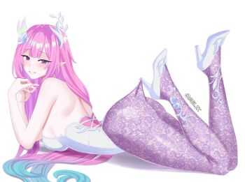 1girl aqua_hair ass breasts corset cyrene_(honkai:_star_rail) cyrene_(ripples_of_past_reverie)_(honkai:_star_rail) flower gelik hair_flower hair_ornament hashtag-only_commentary highres honkai:_star_rail honkai_(series) lace_pantyhose_hooked_on_heel_(meme) large_breasts long_hair looking_at_viewer lying meme multicolored_hair on_stomach pantyhose pink_hair pointy_ears purple_eyes purple_pantyhose simple_background smile solo two-tone_hair very_long_hair white_background white_corset