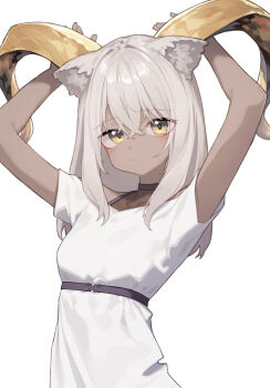 1girl absurdres arknights arms_up beeswax_(arknights) beudelb black_choker choker closed_mouth commentary curled_horns dark-skinned_female dark_skin dress grey_hair hair_between_eyes highres horns long_hair looking_at_viewer short_sleeves simple_background solo white_background white_dress yellow_eyes yellow_horns