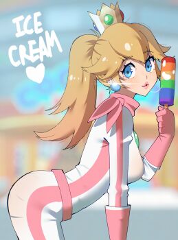 Rule 34 | 1girl, absurdres, ass, bandana, biker clothes, biker peach, bikesuit, blonde hair, blue eyes, bodysuit, breasts, crown, earrings, food, gjh, gloves, highres, holding, holding food, holding popsicle, jewelry, large breasts, long hair, looking at viewer, mario (series), mario kart, mario kart world, nintendo, official alternate costume, parted lips, pink bandana, pink bodysuit, pink gloves, pink scarf, ponytail, popsicle, princess peach, racing suit, saliva, saliva trail, scarf, smile, solo, sphere earrings