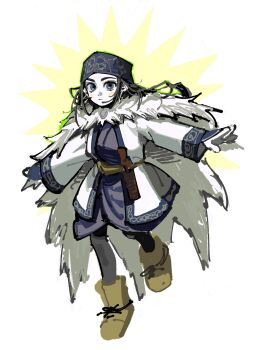 Rule 34 | 1girl, ainu, ainu clothes, asirpa, bandana, black hair, black pantyhose, blue eyes, boots, brown boots, cape, cloak, closed mouth, coat, commentary request, earrings, full body, fur cloak, golden kamuy, highres, hoop earrings, jewelry, korean commentary, long hair, outstretched arms, pale skin, pantyhose, print bandana, solo, white background, white cape, white coat, yongsa (y0ngs4)