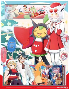 2boys 2girls absol absurdres aged_up arven_(pokemon) ash_ketchum black_hair blonde_hair bright_pupils charizard christmas closed_mouth commentary delphox dress english_text flutter_mane food gen_1_pokemon gen_3_pokemon gen_4_pokemon gen_6_pokemon glasses greninja hands_up hat highres hisuian_zorua holding holding_phone hydrapple jacket jcstr koraidon mabosstiff multiple_boys multiple_girls nintendo ogerpon phone pikachu pokemon pokemon_(anime) pokemon_(creature) pokemon_sv pokemon_xy_(anime) red_dress red_hat rotom rotom_(other) round_eyewear santa_hat scarf serena_(pokemon) smile sparkle speech_bubble translation_request walking_wake white_jacket white_pupils white_scarf yellow_eyes