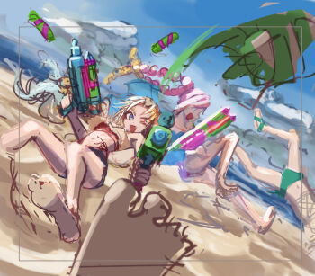 4girls ;d aiming aiming_at_viewer anyoji_hime anyoji_hime_(c106_swimsuit) beach blonde_hair blue_eyes blue_sky cloud commentary_request curtained_hair day dutch_angle fang highres holding holding_water_gun lao_ren_xing link!_like!_love_live! looking_at_viewer love_live! momose_ginko momose_ginko_(c106_swimsuit) multiple_girls navel one_eye_closed open_mouth osawa_rurino osawa_rurino_(c106_swimsuit) parted_bangs pov sketch sky smile stomach virtual_youtuber water_gun