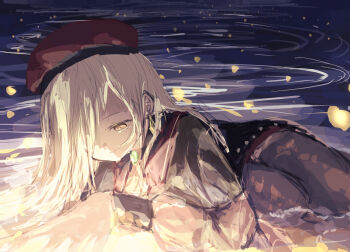 1girl bang_dream! bang_dream!_it&#039;s_mygo!!!!! beret black_capelet black_pantyhose blonde_hair capelet commentary hat highres latte_bf long_hair long_sleeves mortis_(bang_dream!) mortis_(costume)_(bang_dream!) pantyhose red_hat sidelocks solo tearing_up wakaba_mutsumi yellow_eyes