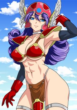 1girl abs absurdres anime_coloring arm_behind_head armor bikini_armor black_sleeves blue_eyes blue_sky breasts choker cleavage cloud collarbone commentary_request cowboy_shot curly_hair dragon_quest dragon_quest_iii gloves gluteal_fold gradient_sky helmet highres jewelry large_breasts looking_at_viewer muscular muscular_female navel purple_hair red_armor red_gloves red_helmet revealing_clothes sideboob silver_choker silver_thighlet sky smile solo thighlet underboob warrior_(dq3) winged_helmet yuuyuu_(3jjbn)