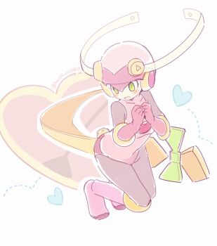 1girl antennae black_bodysuit blonde_hair blush bodysuit commentary_request full_body green_eyes heart helmet highres leotard long_hair mega_man_(series) mega_man_battle_network_(series) netnavi nett0kunkawa11 pink_helmet pink_leotard roll.exe_(mega_man) simple_background solo twitter_username white_background