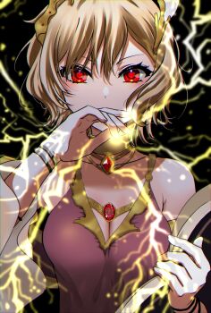 Rule 34 | 1girl, absurdres, bare shoulders, blonde hair, book, breasts, brown dress, citrinne (fire emblem), cleavage, dress, electricity, feather hair ornament, feathers, fire emblem, fire emblem engage, gold choker, gold trim, hair ornament, highres, holding, holding book, jewelry, large breasts, lightning, looking at viewer, mu tu bu, nintendo, red eyes, short hair, solo, upper body, wing hair ornament