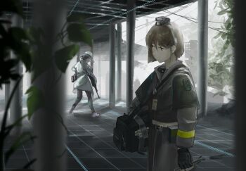 2girls bag baseball_cap bin_jiang brown_eyes brown_hair commentary gun hat highres holding holding_gun holding_weapon leaf multiple_girls original short_hair shoulder_bag weapon