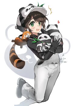 1girl ^^^ absurdres black_gloves black_shirt blush emma_woods emma_woods_(panda_keeper) freckles gloves green_eyes heart highres identity_v looking_ahead open_mouth overalls panda panda_hat red_panda shirt white_overalls zi_yin