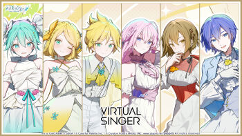 2boys 4girls :d ;) ahoge aqua_eyes aqua_flower aqua_hair aqua_ribbon arm_up armpit_crease arms_behind_head artist_name ascot bare_shoulders black_ribbon blonde_hair blue_eyes blue_hair blue_jacket blue_ribbon blue_vest bow breasts brown_eyes brown_hair buttons capelet center_frills choker closed_eyes collared_shirt column_lineup commentary_request company_name copyright_name copyright_notice corset dot_nose double-parted_bangs dress fingernails flat_chest flipped_hair flower frilled_sleeves frills gem gloves gradient_capelet gradient_clothes gradient_dress green_eyes group_name guest_art hair_between_eyes hair_bow hair_ornament hair_ribbon hairclip hand_up hatsune_miku high-waist_shorts high_ponytail highres jacket kagamine_len kagamine_rin kaito_(vocaloid) lapels large_breasts layered_dress light_blush long_hair long_sleeves looking_at_viewer male_focus megurine_luka meiko_(vocaloid) multicolored_eyes multiple_boys multiple_girls nail_polish neck_ribbon ningen_mame notched_lapels off-shoulder_dress off_shoulder official_alternate_costume official_art one_eye_closed open_mouth orange_flower orange_rose outline parallel_hairclips pearl_(gemstone) pink_corset pink_eyes pink_flower pink_rose ponytail project_sekai purple_eyes purple_flower purple_rose red_corset red_nails ribbon rose second-party_source sekai_symphony shirt short_hair short_ponytail short_sleeves shorts smile sparkle split_mouth strap strapless strapless_dress swept_bangs turtleneck turtleneck_dress twintails two-tone_eyes vest vocaloid watermark web_address white_ascot white_capelet white_choker white_dress white_gloves white_outline white_ribbon white_shirt white_shorts x_hair_ornament yellow_ascot yellow_background yellow_bow yellow_capelet yellow_dress yellow_flower yellow_rose