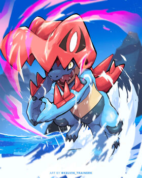 blue_claws blue_skin claws colored_skin crocodilian fangs feraligatr gen_2_pokemon highres hood kelvin-trainerk mega_feraligatr mega_pokemon nintendo no_humans open_mouth pokemon pokemon_(creature) pokemon_focus pokemon_legends:_z-a sharp_teeth sky solo spikes tail teeth water yellow_eyes