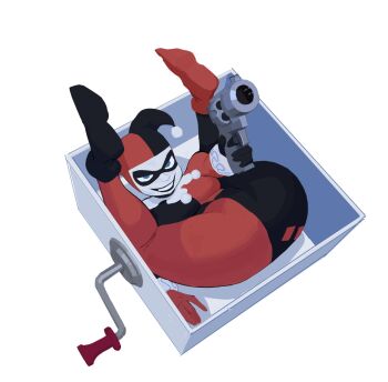1girl amugea arm_up ass batman_(series) black_bodysuit black_lips black_shoes bodysuit box breasts dc_comics domino_mask eye_mask full_body gloves green_eyes gun harley_quinn harley_quinn_(classic) hat highres holding holding_gun holding_weapon jack-in-the-box jester jester_cap makeup mask medium_breasts multicolored_bodysuit red_bodysuit red_shoes shoes simple_background solo teeth weapon white_background