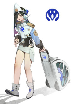 Rule 34 | 1girl, absurdres, bags under eyes, bare legs, commentary, cuffs, hair over one eye, handcuffs, highres, legs, linween, long hair, police, police uniform, policewoman, simple background, solo, the ring, v, white background, yamamura sadako