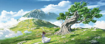 1girl above_clouds blue_sky brown_hair cloud cloudy_sky day dress flower from_behind grass highres landscape long_hair mountain mountainous_horizon nature original outdoors path road rock scenery short_sleeves sky solo standing tenca_arts tree white_dress wide_shot