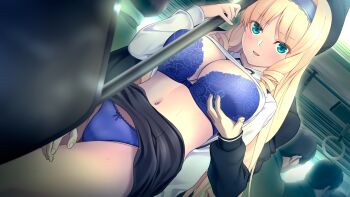 Rule 34 | 1boy, 1girl, bare legs, black dress, blonde hair, blue bra, blue eyes, blue panties, blush, bra, breasts, chikan, clothes lift, dress, game cg, grabbing another's breast, grabbing from behind, groping, highres, kongoin ranze orwell, kyokugen chikan tokuiten 3, large breasts, m&amp;m (mickey and mackey), molestation, open mouth, panties, shirt, shirt lift, smile, thighs, underwear, white shirt