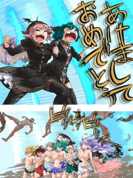 2koma 6+boys 6+girls :&lt; animal_ears apron behind_another bird_ears bird_wings black_dress black_footwear black_hair black_hat black_skirt blonde_hair blue_eyes blue_skirt blush boots bow braid breast_padding breasts brown_eyes carrot_necklace censored choujuu_gigaku clenched_hand closed_eyes collar comic commentary_request constricted_pupils covering_breasts covering_privates crossed_arms debris dress fangs flat_chest frilled_apron frilled_skirt frills full-face_blush green_eyes green_hair grey_hair hair_between_eyes hair_bow hair_tubes hairband hakurei_reimu happy_new_year hat headdress hiding highres hip_focus inaba_tewi inverted_nipples izayoi_sakuya jewelry juliet_sleeves kasodani_kyouko kirisame_marisa kochiya_sanae konpaku_youmu large_breasts long_hair long_sleeves looking_at_breasts maid_headdress microphone mosaic_censoring motion_blur multiple_boys multiple_girls music mystia_lorelei navel necklace new_year nipples nose_blush outstretched_arms penis pink_dress pink_hair puffy_sleeves purple_hair rabbit_ears red_skirt reisen_udongein_inaba sheath sheathed shiny_clothes shirt short_dress short_hair short_sleeves shouting shundou_heishirou sin_sack singing single_braid skirt small_breasts small_nipples sound_wave squinting standing stomach surprised sweat sword thigh_boots thighhighs torn_clothes torn_shirt torn_skirt touhou translation_request turn_pale unworn_hat unworn_headwear very_long_hair weapon white_shirt white_skirt wind wings witch_hat