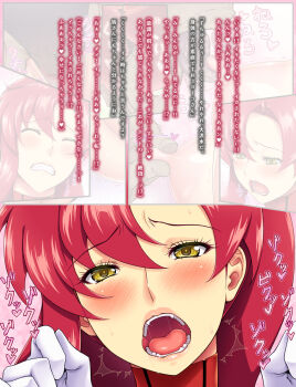 1boy 1girl ameoto blush breast_sucking breasts censored clenched_teeth closed_eyes clothed_female_nude_male detached_collar embarrassed fingering gloves highres large_breasts licking_nipple looking_at_viewer moaning mosaic_censoring motion_blur multiple_views nipple_stimulation nipple_tweak nipples nude open_mouth panties pussy red_hair sequential sound_effects space_yoko teeth tengen_toppa_gurren_lagann tongue tongue_out translation_request trembling underwear white_gloves x-ray yellow_eyes yoko_littner