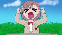 &gt;_&lt; 1girl animated closed_eyes day female_focus flower hair_flower hair_ornament highres holidaymb_2 misaka_mikoto open_mouth outdoors parody school_uniform sitting sky solo table tagme tantrum toaru_kagaku_no_railgun toaru_majutsu_no_index tokiwadai_school_uniform upper_body video winter_uniform