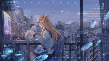 1girl animal_ears bird cat chair city_lights cityscape computer copyright_request desk duck gaming_chair hair_ornament highres lao_ren_qiu long_hair microphone monitor night orange_hair poem sample_watermark school_uniform skirt sky star_(sky) swivel_chair watermark window