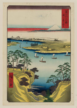 19th_century 5others ando_hiroshige blue_sky boat cloud coast facing_away fine_art_parody gradient_sky green_kimono highres hill japan japanese_clothes kimono mount_fuji mountain multiple_others nihonga original outdoors parody purple_sky river sail scenery sky thirty-six_views_of_mount_fuji_(hiroshige) traditional_media translation_request tree ukiyo-e valley volcano water watercraft white_sky
