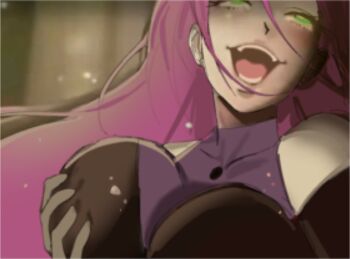 Rule 34 | 1girl, alien stage, black dress, breasts, clothing cutout, commentary, derivative work, dress, english commentary, grabbing own breast, green eyes, kakegurui, large breasts, long hair, looking up, mizi (alien stage), open mouth, pink hair, pirasa (everlandroads), shoulder cutout, smile, solo