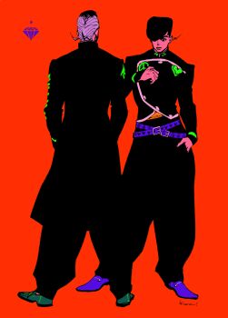 2boys back bad_id bad_tumblr_id belt black_hair black_jacket black_pants diamond_wa_kudakenai gakuran higashikata_josuke jacket jojo_no_kimyou_na_bouken kotteri male_focus multiple_boys nijimura_okuyasu pants pompadour purple_belt red_background school_uniform shoes