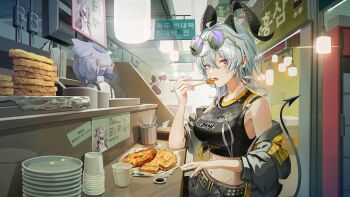 Rule 34 | 3girls, absurdres, ahoge, bare shoulders, black horns, black jacket, black shirt, black tail, breasts, carlotta (wuthering waves), chopsticks, clothes down, commentary, crop top, cup, curled horns, demon tail, eyewear on head, food, grey hair, hair between eyes, hat, highres, holding, holding chopsticks, holding with chopsticks, horns, indoors, jacket, jelmul, large breasts, long hair, looking at viewer, margherita (wuthering waves), midriff, multicolored hair, multiple girls, navel, official alternate costume, panhua (wuthering waves), red eyes, shirt, streaked hair, sunglasses, untranslatable commentary, tail, white hat, wuthering waves, zani (wuthering waves)