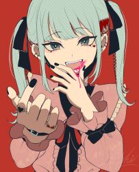 Rule 34 | 1girl, bandaid, fangs, hair ornament, hatsune miku, heart, highres, jewelry, jirai kei, long hair, long sleeves, looking at viewer, mask, mask pull, mouth mask, open mouth, piercing, red background, ribbon, shirt, smile, solo, twintails, vampire (game), vampire (vocaloid), wagashi425