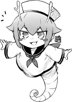 1girl :3 :d antlers blush_stickers commentary_request fins fish_tail greyscale hat head_fins horns jingai_modoki long_sleeves looking_at_viewer mon-musu_quest! mon-musu_quest:_paradox monochrome monster_girl notice_lines open_mouth outstretched_arms sailor_collar sailor_hat sailor_shirt seahorse_girl seal_impression shirt short_hair simple_background smile solo tail tatsuko_(mon-musu_quest!) v-shaped_eyebrows white_background