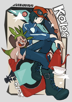 Rule 34 | > o, 1boy, 2013, absurdres, arms up, black-framed eyewear, black boots, black eyes, black hair, blue jacket, blue pants, boots, calem (pokemon), chespin, closed mouth, commentary request, cup, eyewear on head, furfrou, furfrou (dandy), furfrou (debutante), gen 6 pokemon, hand on own arm, hat, highres, jacket, long sleeves, male focus, mega stone, nintendo, one eye closed, open mouth, ottoyamaotoko8, pants, plate, pokedex, pokemon, pokemon (creature), pokemon xy, red hat, smile, sunglasses, teacup, teapot, teeth, upper teeth only