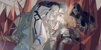 2boys antenna_hair armlet armor armored_boots black_cloak black_coat black_shirt blonde_hair blue_cape boots cape cloak coat different_reflection dual_persona flame_reaver_of_the_deepest_dark gold_necklace gradient_hair hashtag-only_commentary highres honkai:_star_rail honkai_(series) hood hood_up hooded_cloak jewelry male_focus mississipping multicolored_hair multiple_boys mydei_(honkai:_star_rail) necklace open_clothes open_coat pauldrons phainon_(honkai:_star_rail) red_hair reflection shirt short_hair shoulder_armor side_cape single_pauldron white_coat white_hair yaoi yellow_eyes