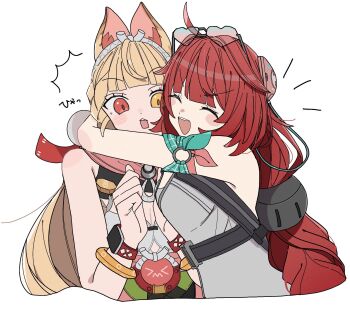 2girls ^^^ alice_thymefield alice_thymefield_(sea_of_thyme) animal_ears armband bare_shoulders blonde_hair blush bracelet braid braided_twintails breasts cleavage closed_eyes commentary_request dress_swimsuit eyewear_on_head from_side gradient-tinted_eyewear green_armband grey_one-piece_swimsuit hair_ornament hearing_aid heart heart-shaped_eyewear heterochromia highres hug_from_side jewelry long_hair low_twintails medium_breasts multiple_girls niupum official_alternate_costume one-piece_swimsuit open_mouth pink_armband rabbit_ears rabbit_girl red_eyes red_hair simple_background sphere_hair_ornament swimsuit tinted_eyewear twintails ukinami_yuzuha ukinami_yuzuha_(tanuki_in_broad_daylight) upper_body v-shaped_eyebrows watch white_background white_one-piece_swimsuit wristwatch yellow_eyes zenless_zone_zero