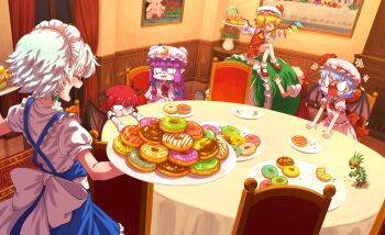 6+girls anger_vein angry apron ascot back_bow bat_wings blonde_hair blue_hair bow braid capelet chair chupacabra closed_eyes collared_shirt commentary crescent crescent_hat_ornament crystal crystal_wings demon_wings donut english_commentary flandre_scarlet flower food full_stomach green_bow green_skirt green_vest grey_hair hair_bow hat hat_ornament hat_ribbon head_wings highres holding holding_plate hong_meiling indoors izayoi_sakuya koakuma long_hair maid maid_headdress mixed-language_commentary mob_cap multicolored_wings multiple_girls open_mouth painting_(object) patchouli_knowledge picture_frame pink_capelet pink_hat pink_shirt pink_skirt plate pointy_ears puffy_short_sleeves puffy_sleeves purple_hair red_ascot red_flower red_hair red_rose red_shoes red_skirt red_vest remilia_scarlet ribbon rose shirt shoes short_sleeves siblings sisters sitting sitting_on_person skirt skirt_set smile socks suteruko table touhou tupai_(touhou) vase vest waist_apron white_bow white_hat white_shirt white_socks wings yellow_ascot