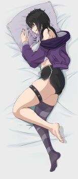 1girl absurdres alternate_costume black_hair black_nails black_shorts camisole feet grey_hair highres hololive hololive_english jacket long_hair lying multicolored_hair pillow purple_jacket sababa_(sabababo12) shiori_novella shirt shorts single_thighhigh sleeping solo split-color_hair streaked_hair striped_clothes striped_thighhighs thigh_strap thighhighs thighs two-tone_hair virtual_youtuber white_camisole white_shirt