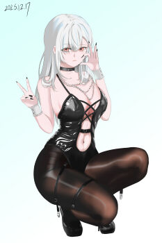 1girl absurdres bare_shoulders black_choker black_leotard black_nails black_shoes blue_background blush breasts brown_pantyhose center_opening choker cleavage closed_mouth crisscro dated eyes_visible_through_hair fingernails full_body gradient_background hair_over_one_eye handjob_gesture high_heels highres jewelry large_breasts leotard long_fingernails long_hair looking_at_viewer nail_polish navel necklace orange_eyes original pantyhose shoes solo squatting thigh_strap v white_hair wrist_cuffs