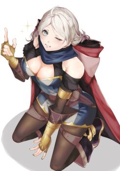 1girl ahoge alternate_costume bare_shoulders black_pantyhose blue_eyes braid breasts cleavage commentary_request fingerless_gloves fire_emblem fire_emblem_fates from_above gloves hairband highres long_hair looking_at_viewer low_twin_braids low_twintails medium_breasts nina_(fire_emblem) nintendo one_eye_closed pantyhose parted_bangs saki_ttx solo twin_braids twintails white_hair
