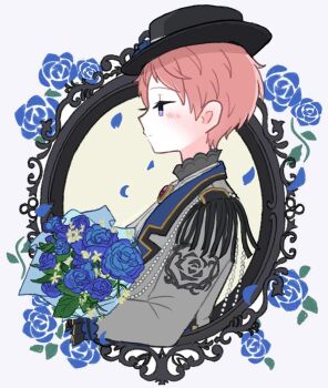 Rule 34 | 1boy, black hat, blue flower, blue petals, blue rose, bouquet, closed mouth, commentary request, ensemble stars!, flower, from side, hat, highres, holding, holding bouquet, human comedy (ensemble stars!), itsuki shu, lapels, long sleeves, male focus, mani (pukakaka09), official alternate costume, pink hair, profile, purple eyes, rose, short hair, solo, upper body